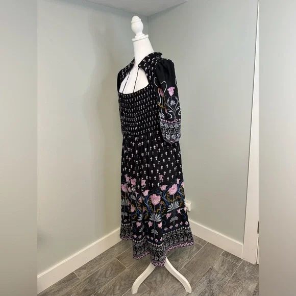 Anthropologie Dasha Smocked Midi Floral Tie Bohemian Dress Size Large - Picture 6 of 17